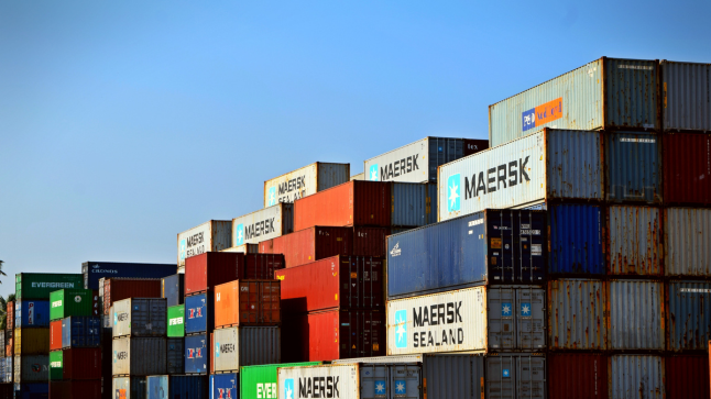 A large stack of multicoloured cargo containers