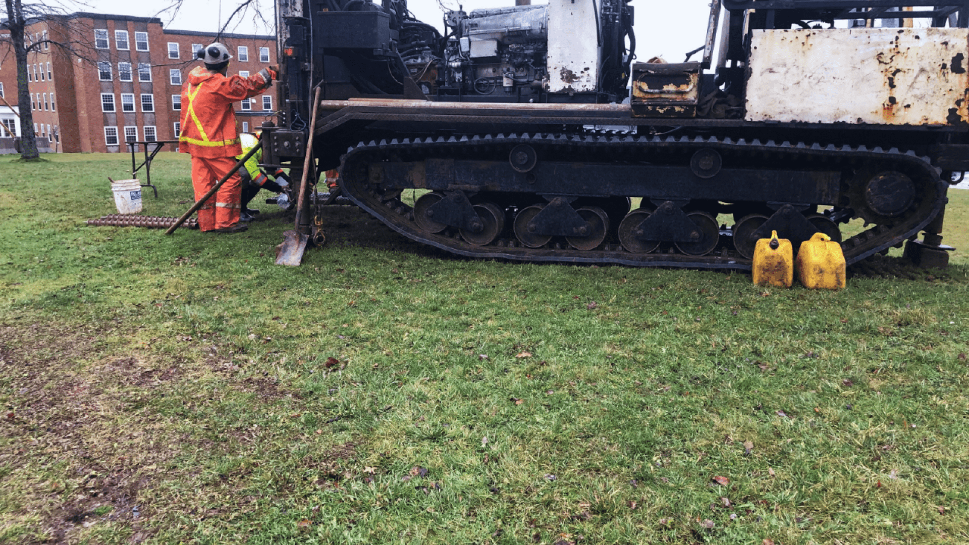 Geotechnical drilling rig on Victor Phillip Dahdaleh Hall construction site