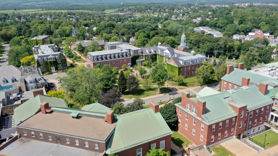 An aerial view of StFX campus including buildings and trees