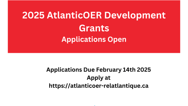 The text "2025 Atlantic OER Development Grants - Applications Open" appears in a red box in the centre of the page with the AtlanticOER logo at the bottom. 