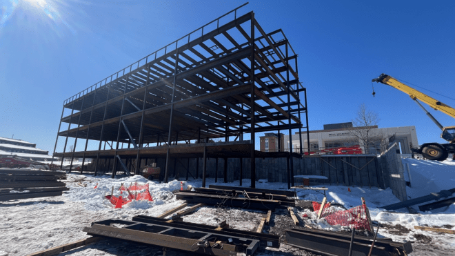 In-progress construction snapshot of Victor Phillip Dahdaleh Hall