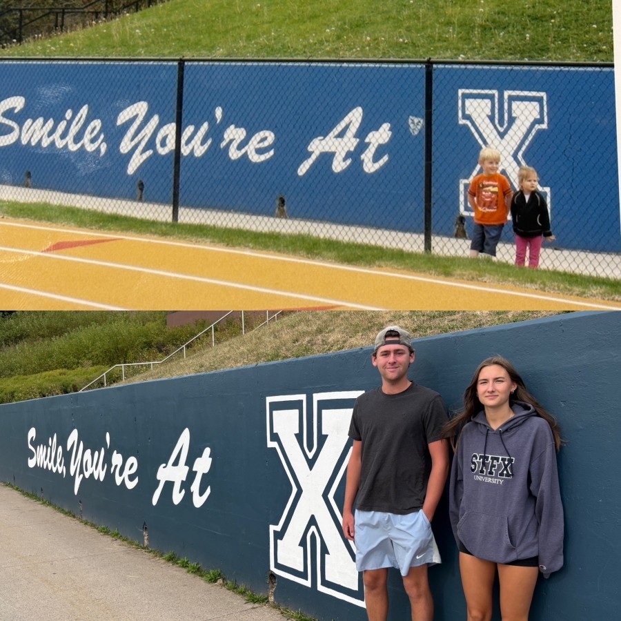 Two photos of the Sayle children at StFX, taken years apart in front of a 'Smile, You're At X' sign.