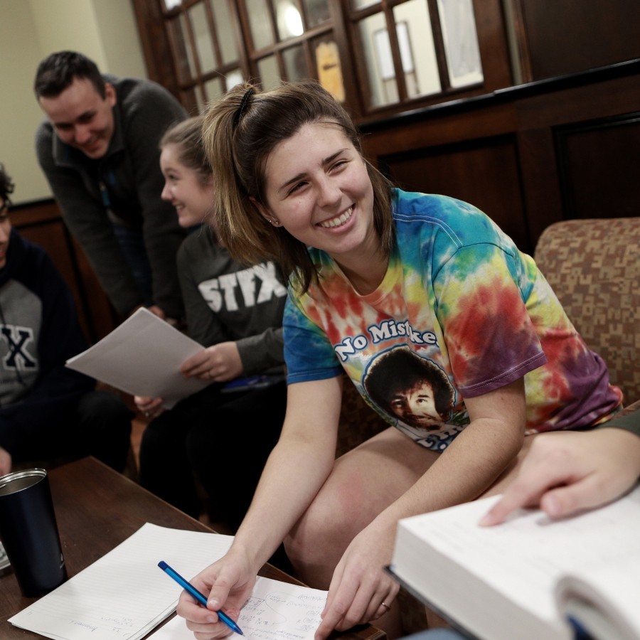 Students studying in Bishops Hall Lounge