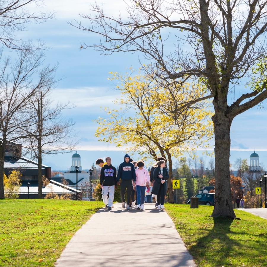 Students walking on the sidewalk outside of J. Bruce Brown.