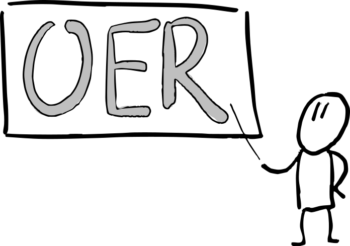 A simple line drawing of a person pointing to the letters OER on a line drawing of a chalkboard