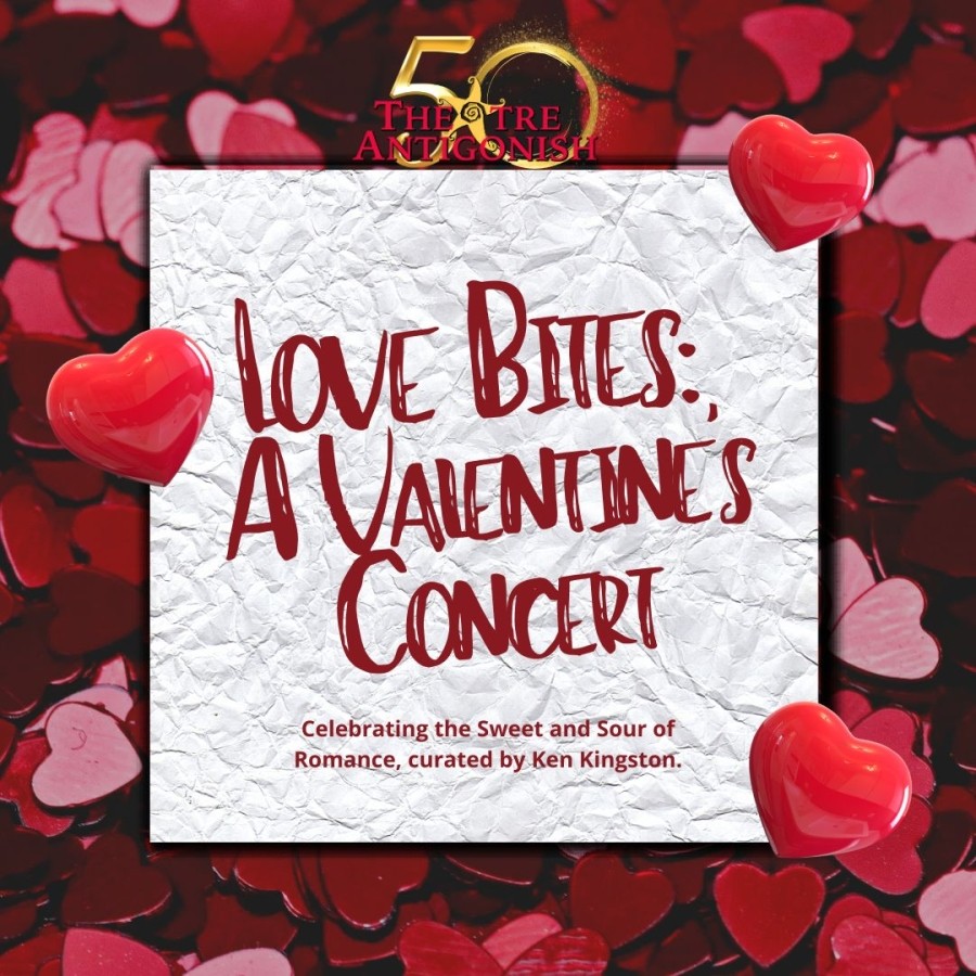 This image appears to be a promotional poster for a Valentine's-themed concert titled "Love Bites: A Valentine's Concert". The tagline suggests the event celebrates both the sweet and sour sides of romance, and it is curated by Ken Kingston.