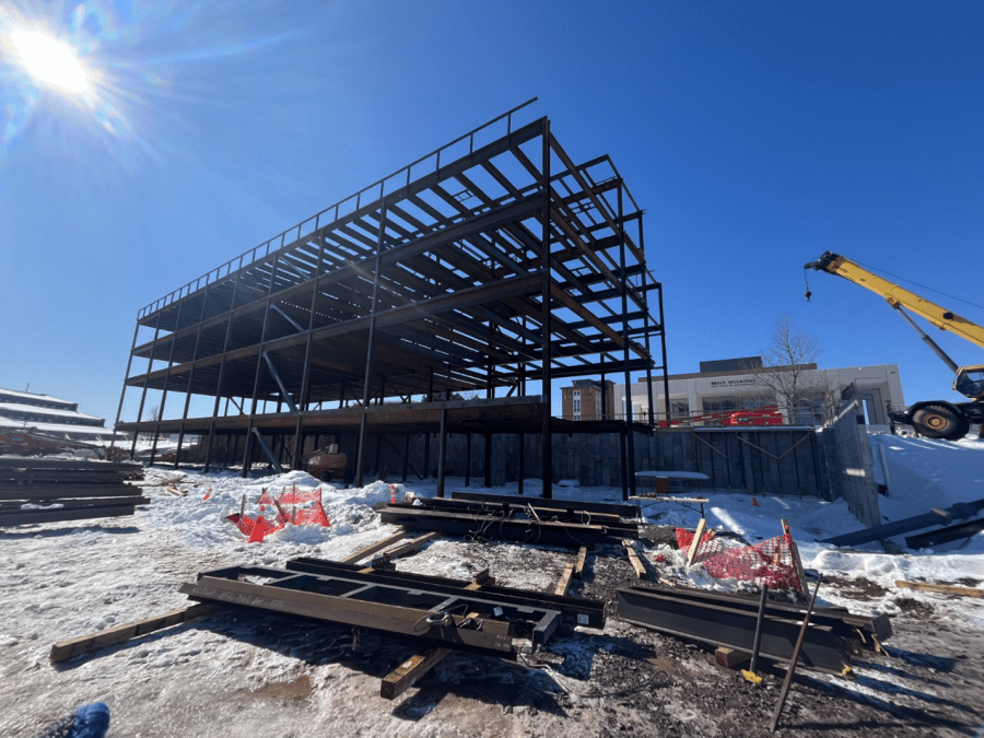In-progress construction snapshot of Victor Phillip Dahdaleh Hall