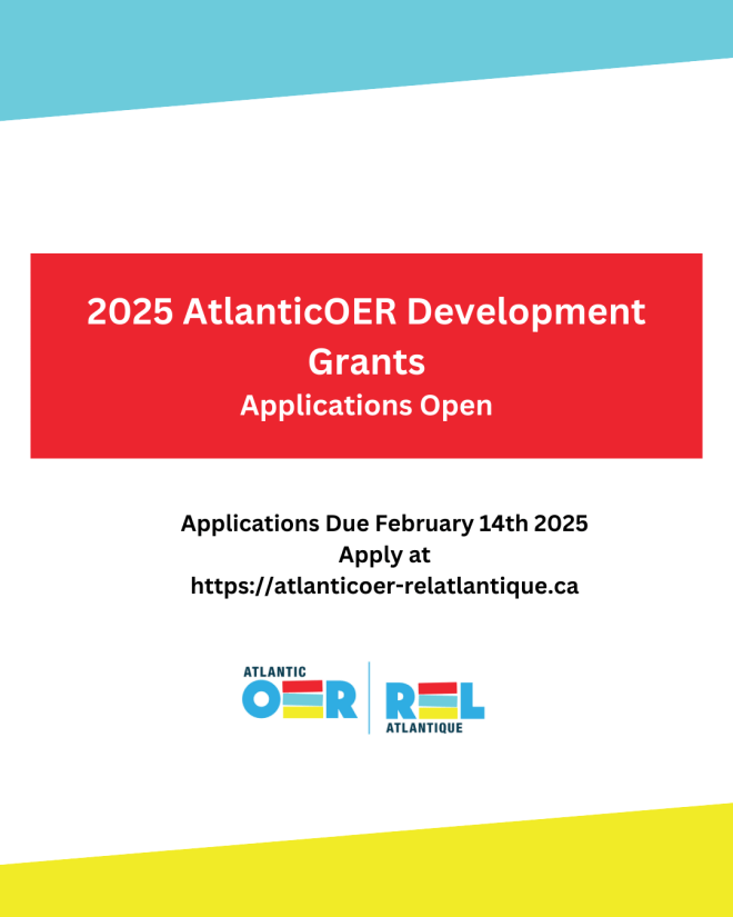 The text "2025 Atlantic OER Development Grants - Applications Open" appears in a red box in the centre of the page with the AtlanticOER logo at the bottom. 