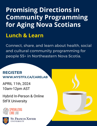 Text in white font reads "Promsing Directions in Community Programming for Aging Nova Scotians" against a navy blue background with a picture of white teacup in a yellow square in the lower right corner.