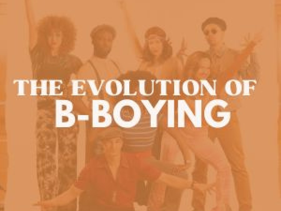  The image is a poster with a sepia tone featuring a group of dancers in various poses with the title "THE EVOLUTION OF B-BOYING".