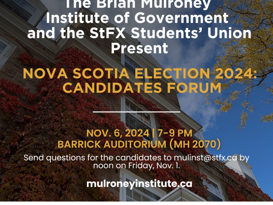 Provincial election forum announcement with building and sky in background.