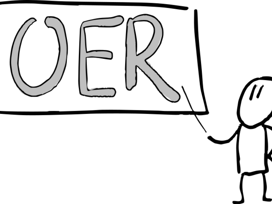 A simple line drawing of a person pointing to the letters OER on a line drawing of a chalkboard