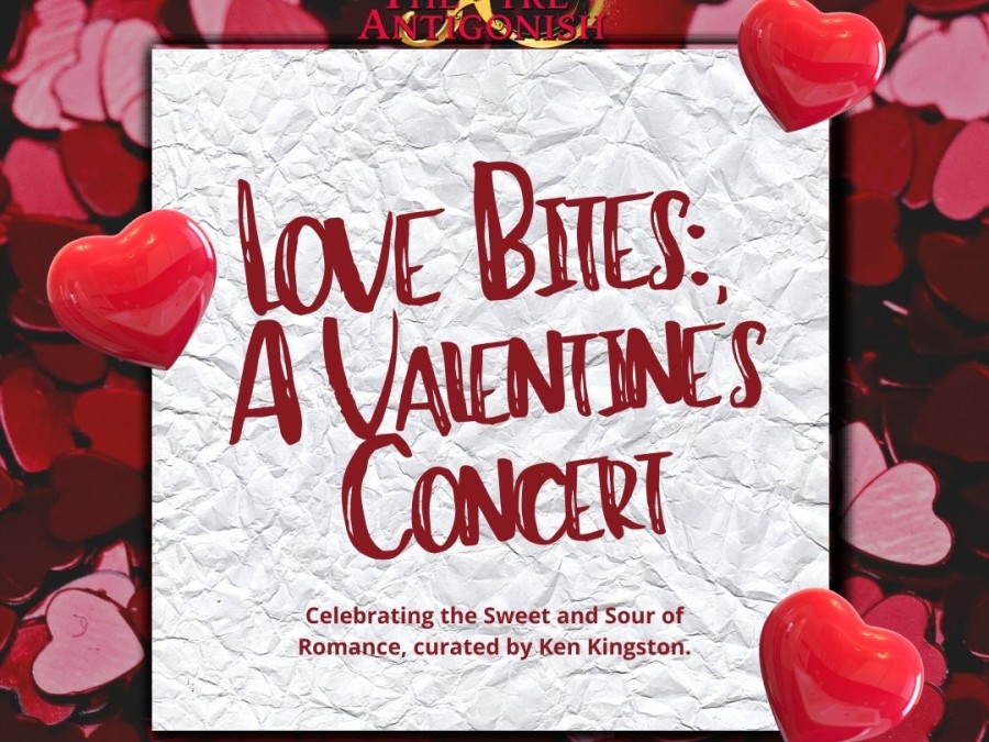This image appears to be a promotional poster for a Valentine's-themed concert titled "Love Bites: A Valentine's Concert". The tagline suggests the event celebrates both the sweet and sour sides of romance, and it is curated by Ken Kingston.