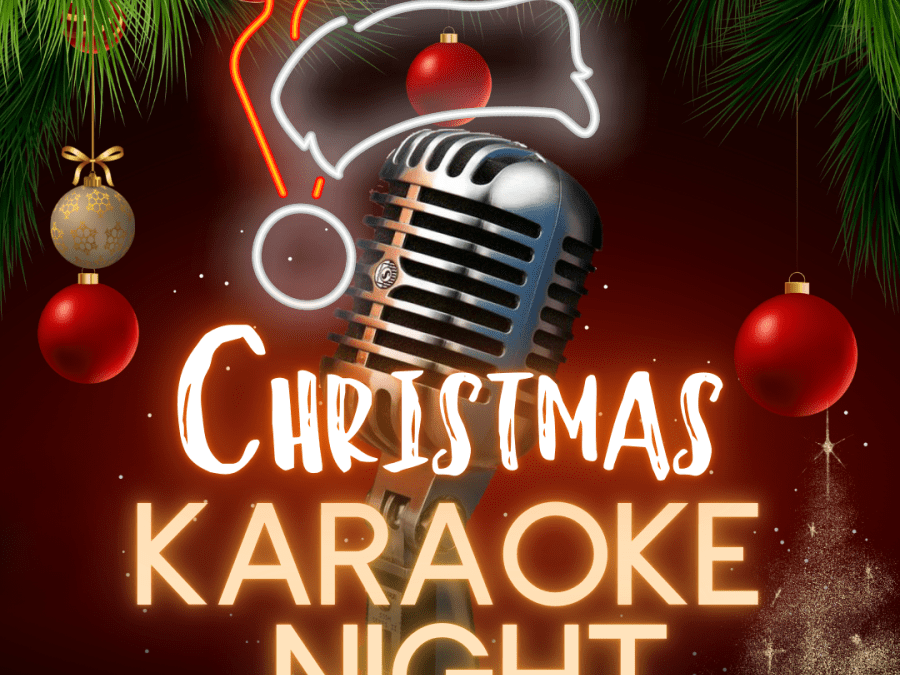 "Christmas Karaoke Night." The festive design features holiday elements like ornaments, greenery, and a microphone adorned with a neon Santa hat outline. The glowing text adds a cheerful and warm holiday atmosphere.
