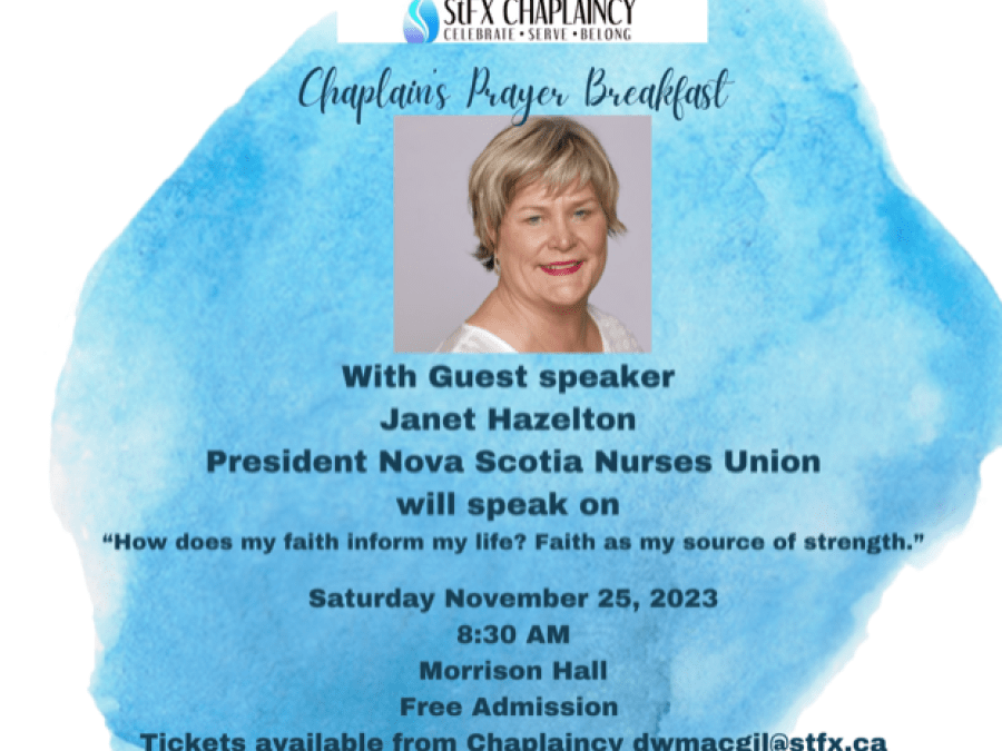 Informational graphic for Chaplain's Prayer Breakfast with Janet Hazelton