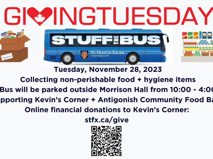 Poster explaining Giving Tuesday & Stuff the Bus event, bring non-perishable food donations and stuff the bus, Nov. 28