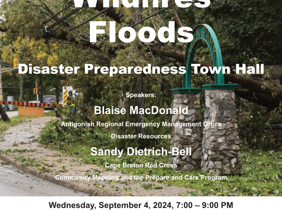 Disaster preparedness poster with image of fallen trees.