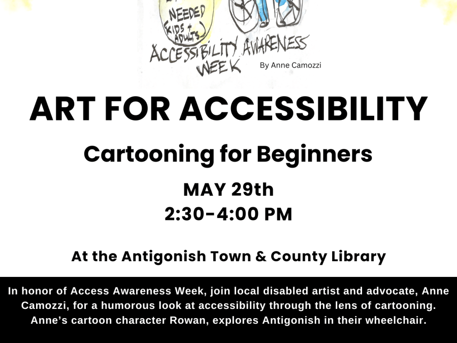 sketch of a man in a wheelchair beside the words "art for accessibility"