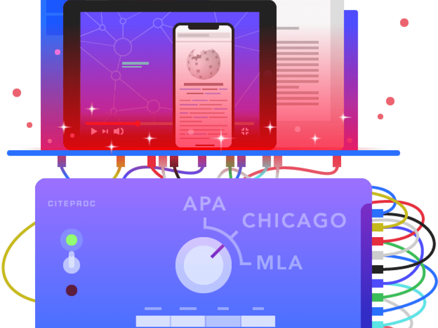 Colourful image of books, a computer, a phone and a printing machine with the words APA, Chicago and MLA